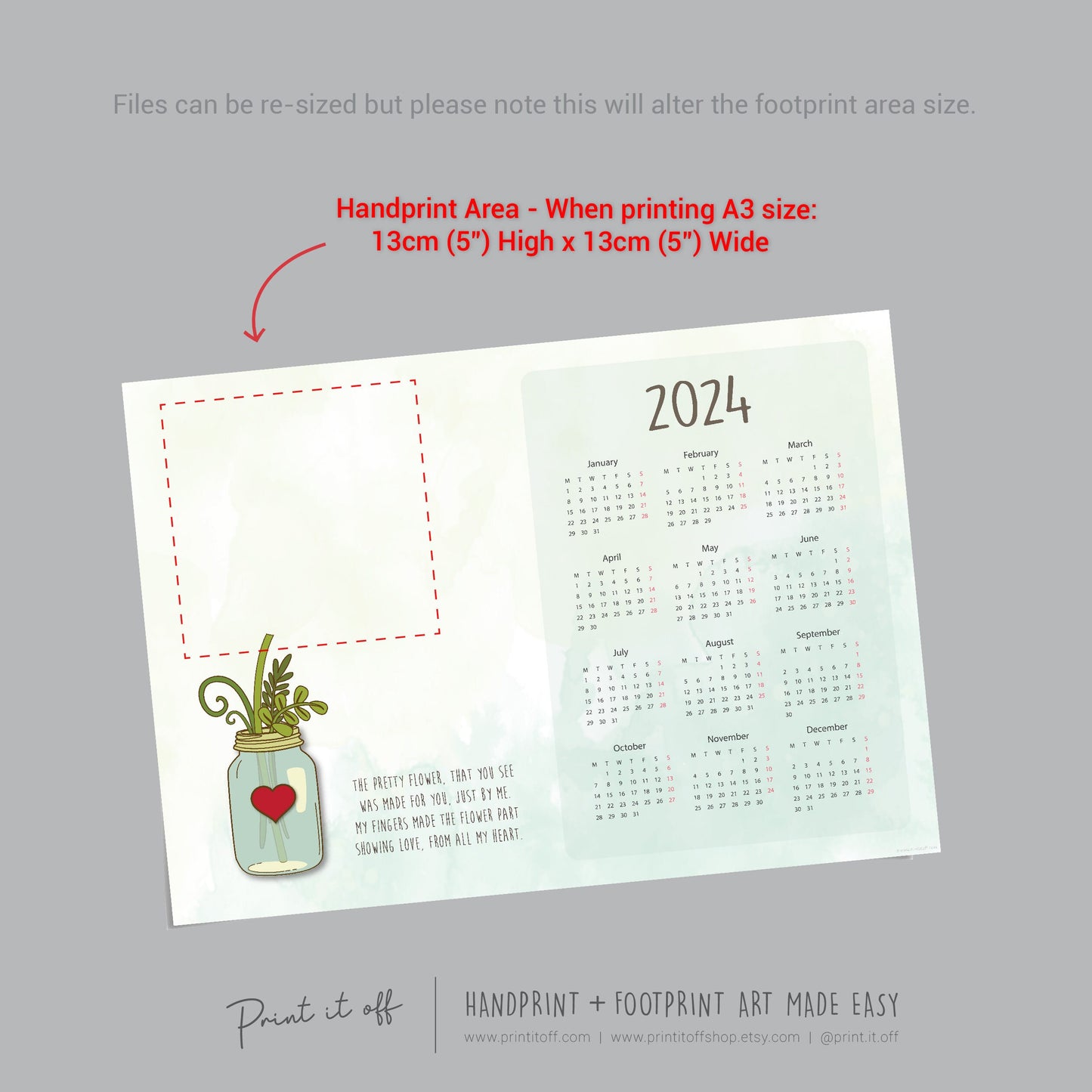 2024 Flower Jar Calendar Year / Handprint Footprint Art Craft / Activity DIY Gift Keepsake / Baby Kids Child Toddler / Print It Off 0774