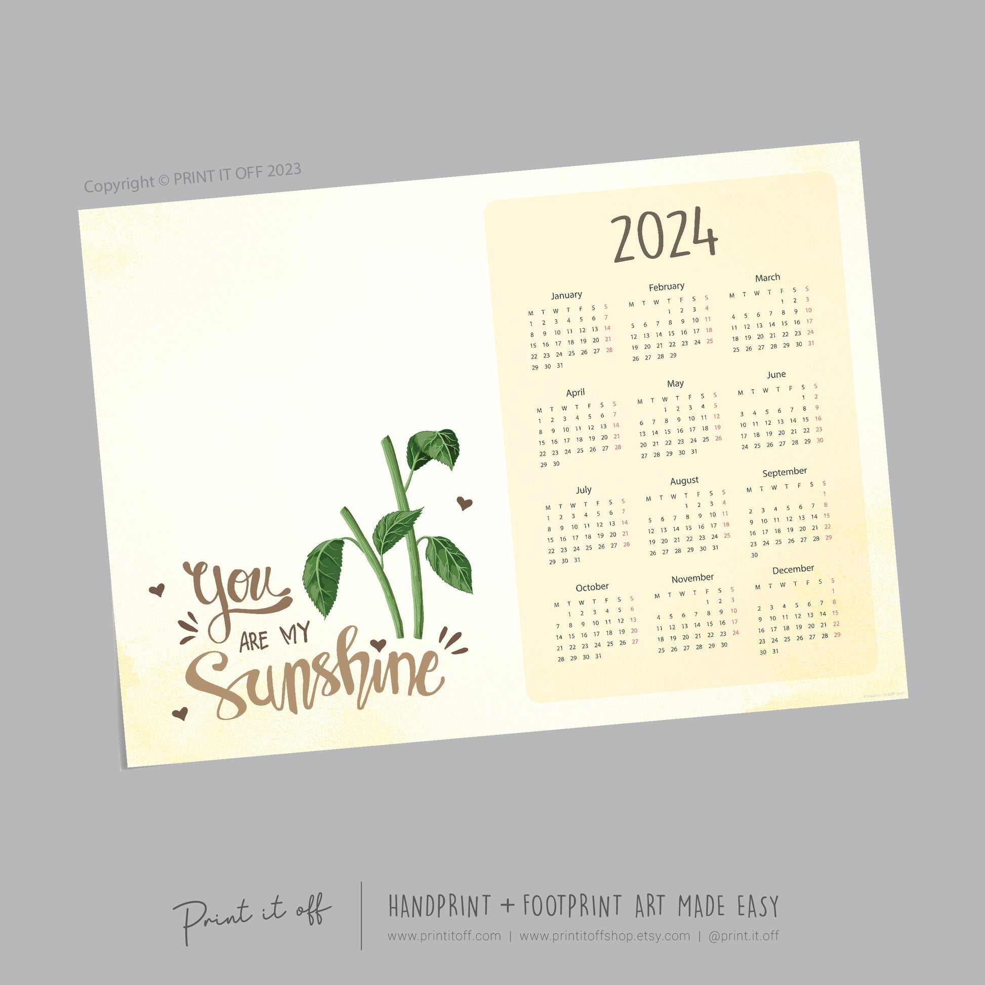2024 Sunflower Calendar Year / Handprint Footprint Art Craft / Activity DIY Gift Keepsake / Baby Kids Child Toddler / Print It Off