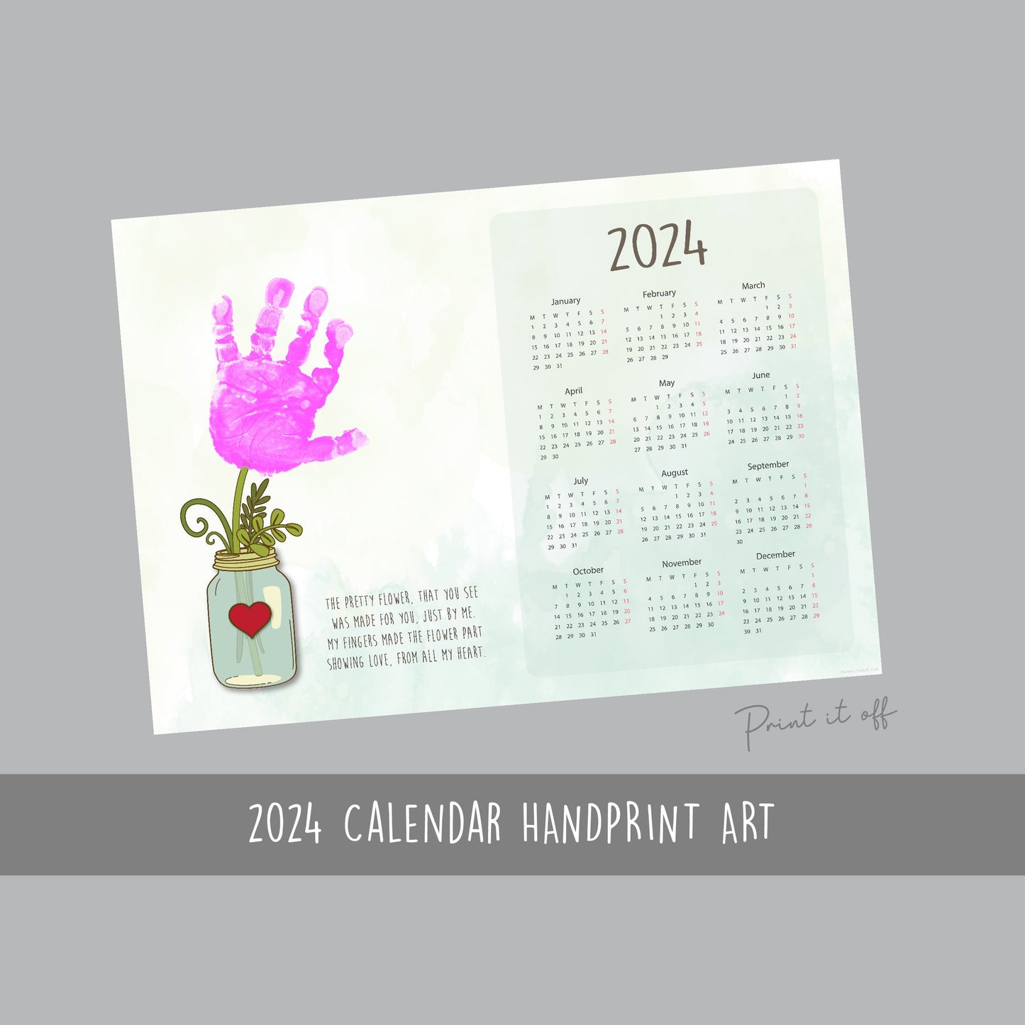 2024 Flower Jar Calendar Year / Handprint Footprint Art Craft / Activity DIY Gift Keepsake / Baby Kids Child Toddler / Print It Off