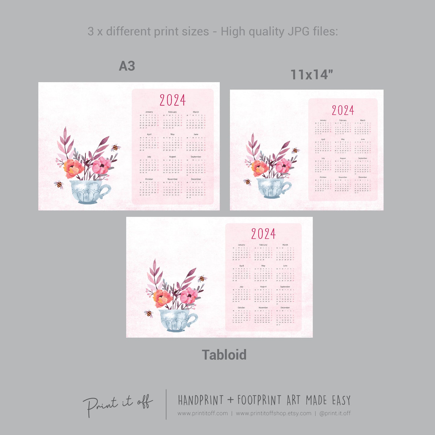 2024 Flower Teacup Calendar Year / Handprint Footprint Art Craft / Activity DIY Gift Keepsake / Baby Kids Child Toddler / Print It Off