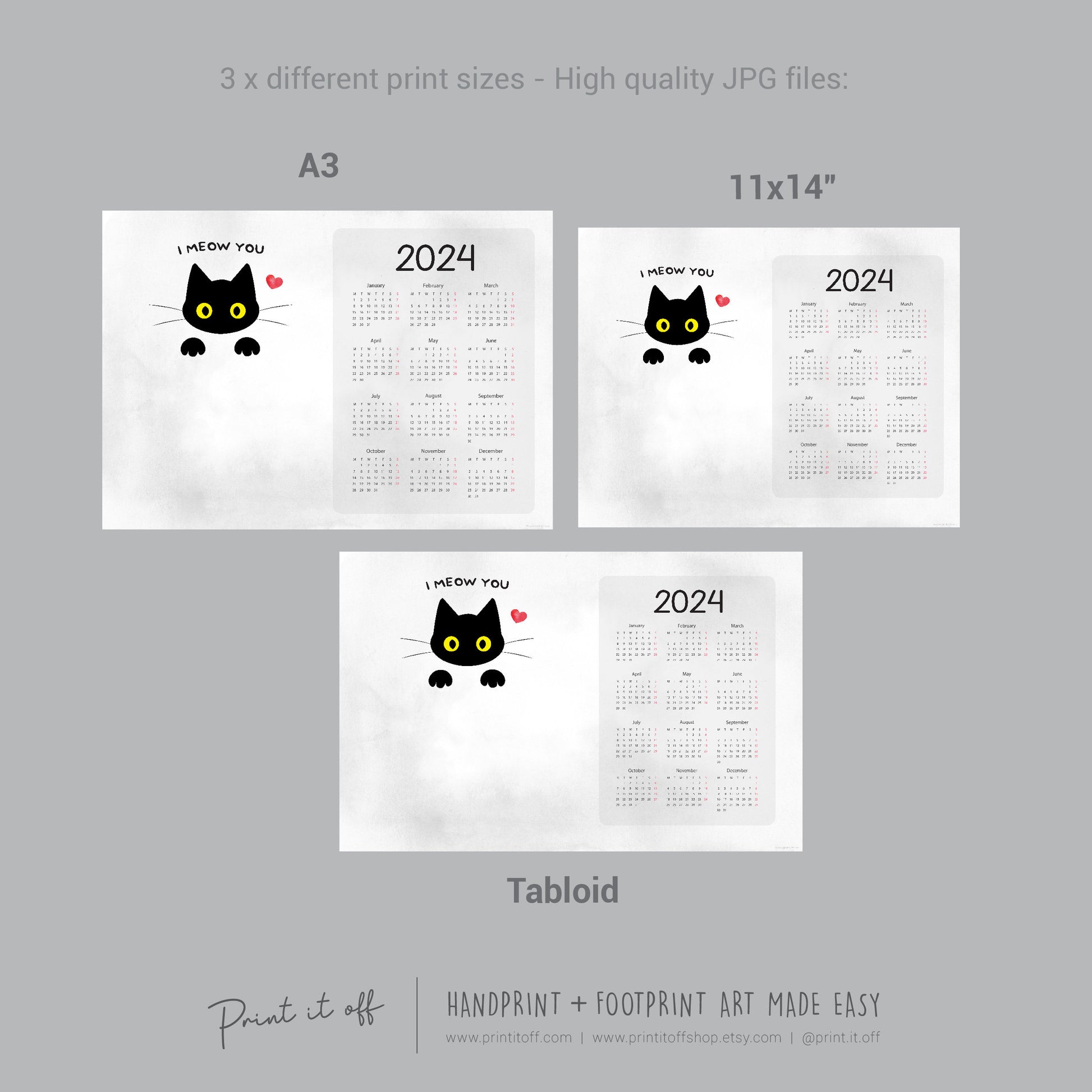 2024 Cat Kitten Calendar Year / Handprint Footprint Art Craft / Activity DIY Gift Keepsake / Baby Kids Child Toddler / Print It Off