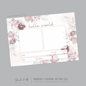 Hello World Handprint Footprint Art / Baby Newborn Announcement Keepsake Girl Nursery Memory Sign / Print It Off