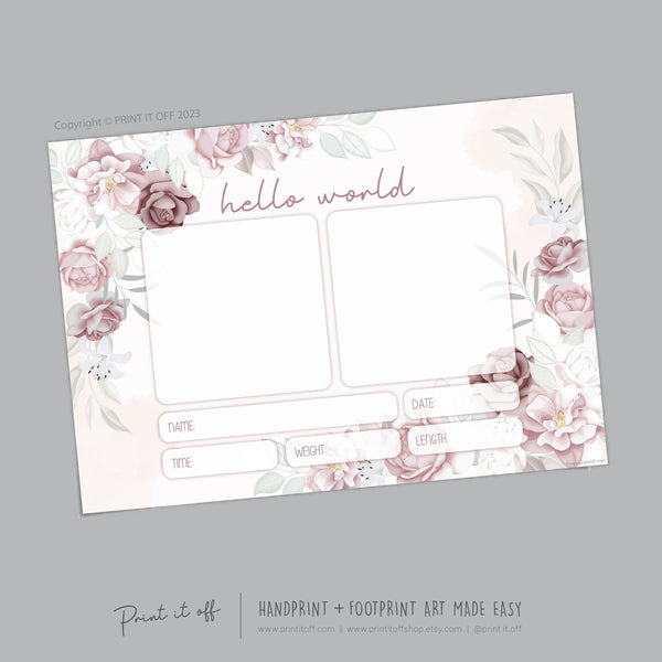 Hello World Handprint Footprint Art / Baby Newborn Announcement Keepsake Girl Nursery Memory Sign / Print It Off