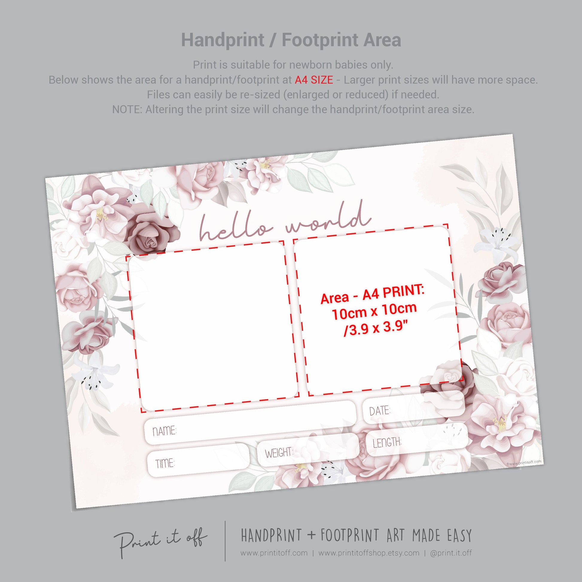 Hello World Handprint Footprint Art / Baby Newborn Announcement Keepsake Girl Nursery Memory Sign / Print It Off