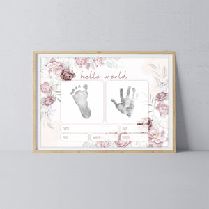 Hello World Handprint Footprint Art / Baby Newborn Announcement Keepsake Girl Nursery Memory Sign / Print It Off