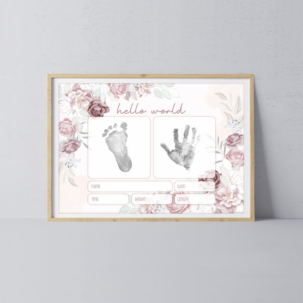 Hello World Handprint Footprint Art / Baby Newborn Announcement Keepsake Girl Nursery Memory Sign / Print It Off