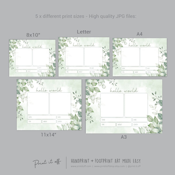 Hello World Handprint Footprint Art / Baby Newborn Announcement Keepsake Girl Boy Nursery Memory Sign / Print It Off