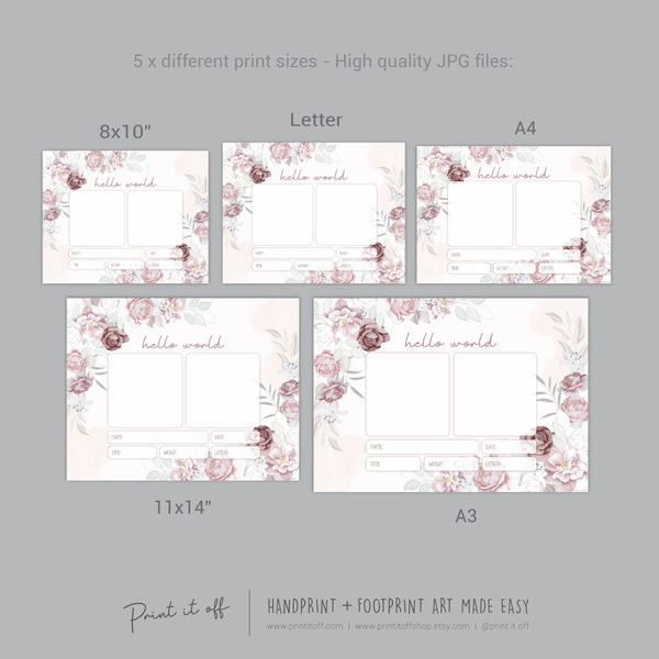 Hello World Handprint Footprint Art / Baby Newborn Announcement Keepsake Girl Nursery Memory Sign / Print It Off
