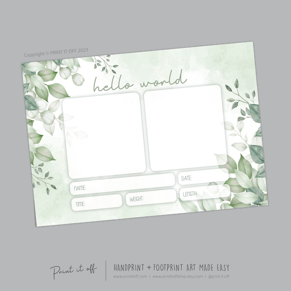 Hello World Handprint Footprint Art / Baby Newborn Announcement Keepsake Girl Boy Nursery Memory Sign / Print It Off