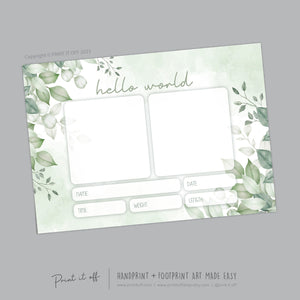 Hello World Handprint Footprint Art / Baby Newborn Announcement Keepsake Girl Boy Nursery Memory Sign / Print It Off