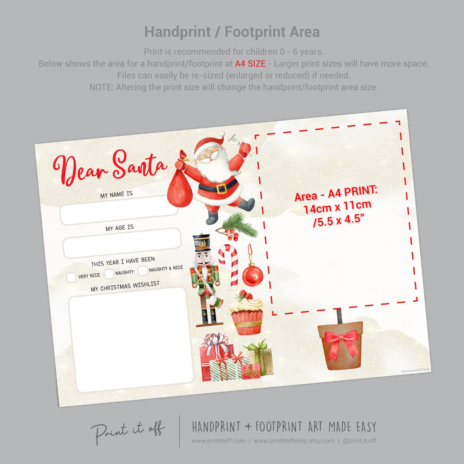 Dear Santa Handprint Footprint Art Craft / Christmas Tree Xmas Kids Baby Toddler / Keepsake Gift Card Sign Memory PRINT IT OFF